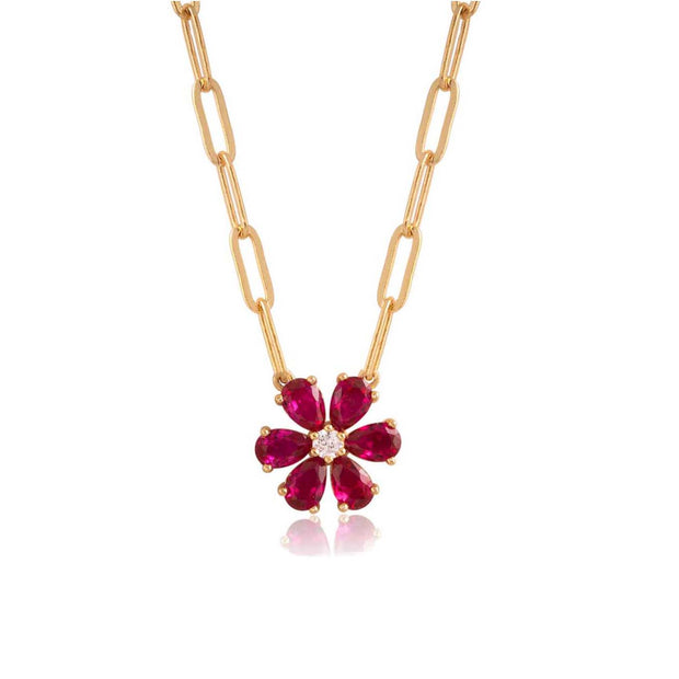 Large Pink Studded Flower on Paperclip Necklace