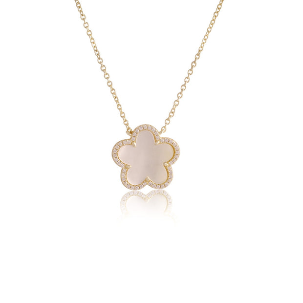 Mother of Pearl CZ Border Flower Pendant in Yellow Gold