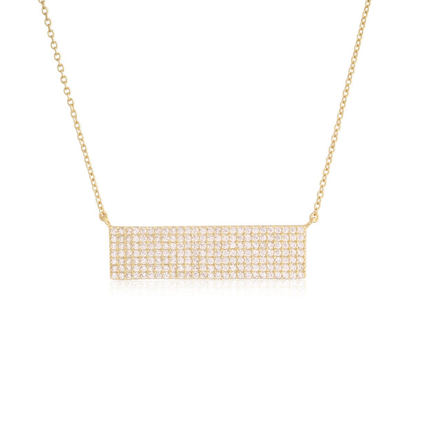 CZ Pave Thick Bar Necklace in Yellow Gold