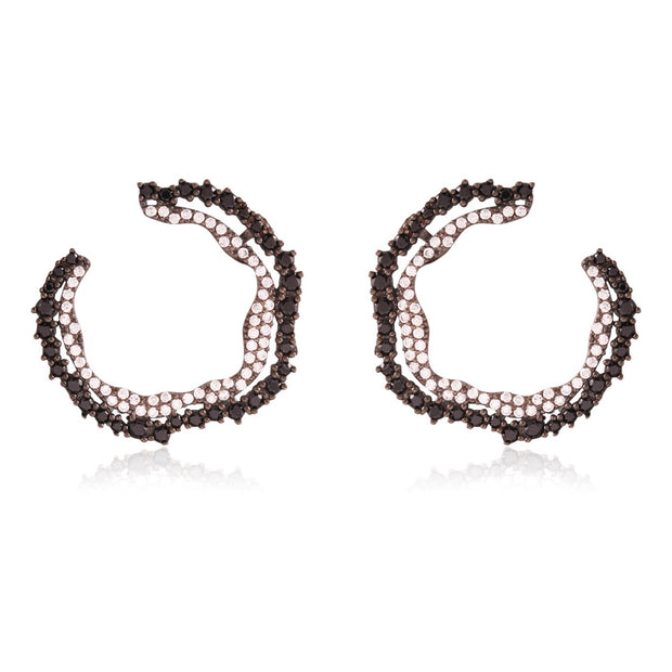 Onyx & CZ Rugged Circle Studs in Pewter