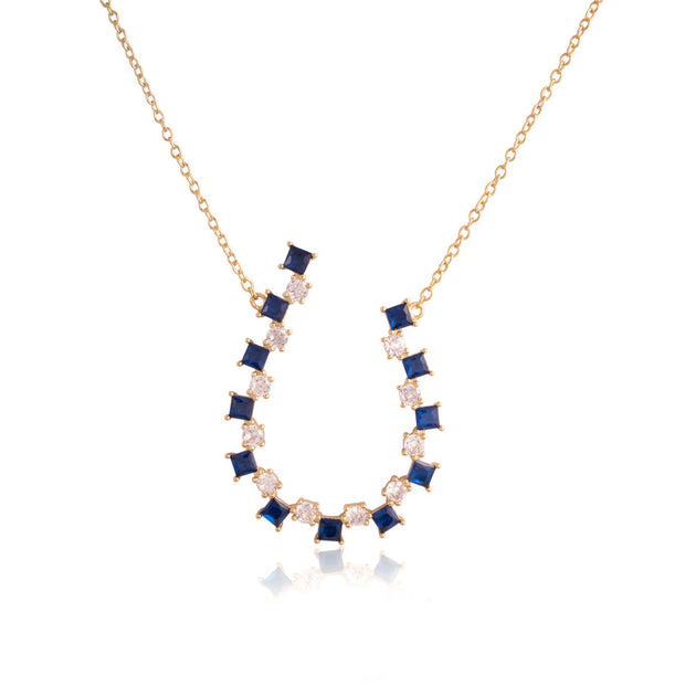 Zig Zag Gold Square CZ "U" Pendant in Sapphire