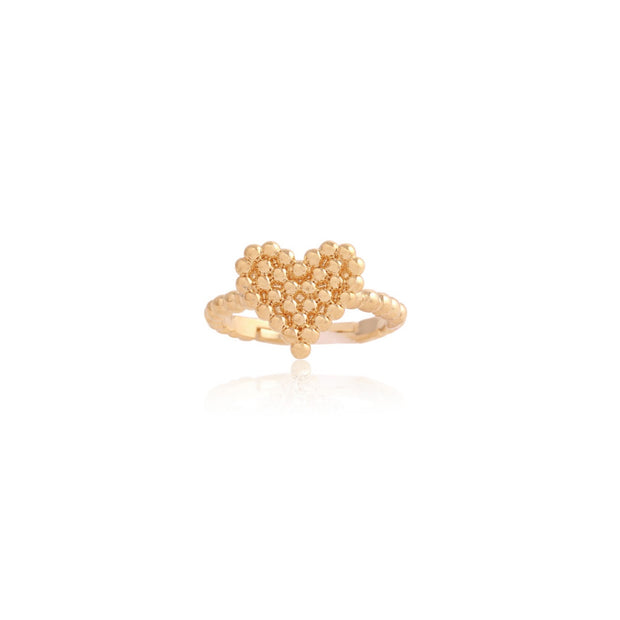 Beaded Heart Adjustable Ring in Yellow Gold