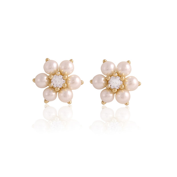 8mm Pearl & CZ Flower Stud Screw Back