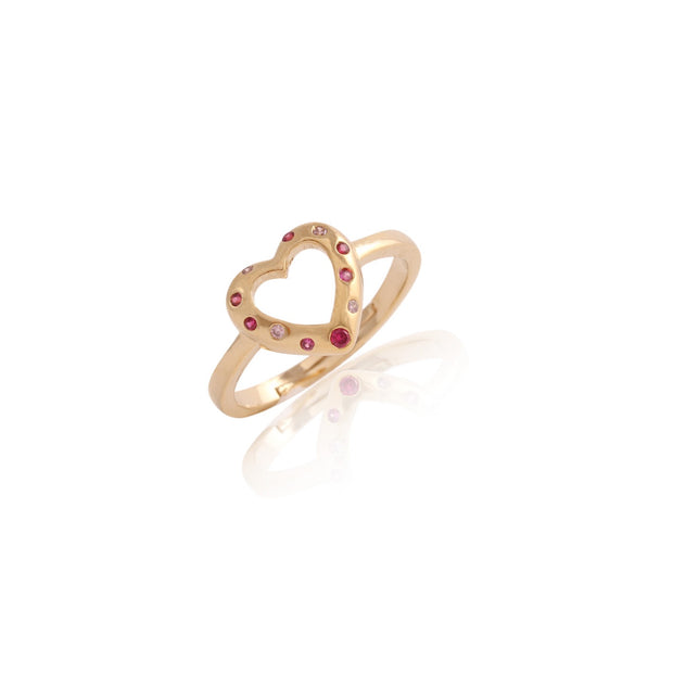 Scattered Pink CZ Open Heart Ring in Yellow Gold
