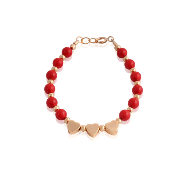 Triple Hearts , Red & Gold Beaded Bracelet