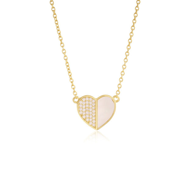 Half MOP Half CZ Heart Necklace in Yellow Gold