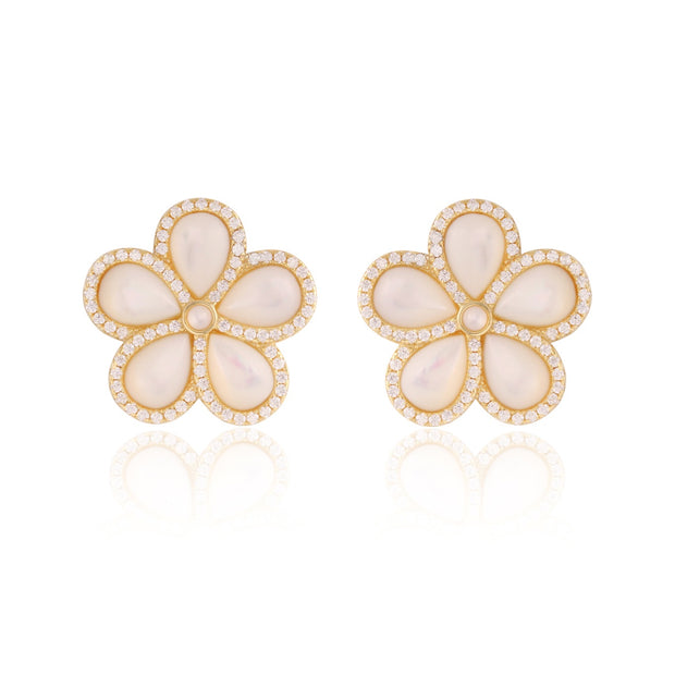 Oversized Mother of Pearl Five Petal CZ Flower Studs in Yellow Gold