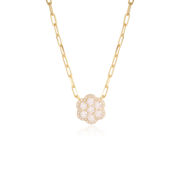 Flower CZ Design Pendant on Paperclip Chain in Yellow Gold