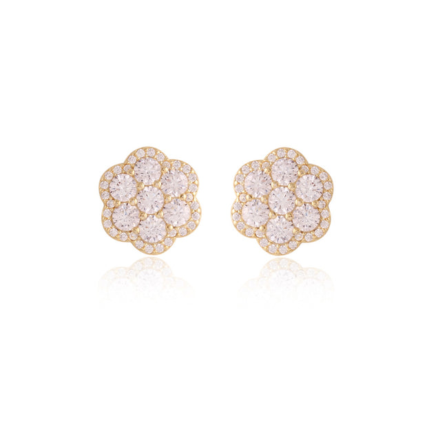 CZ Flower Design Studs in Yellow Gold