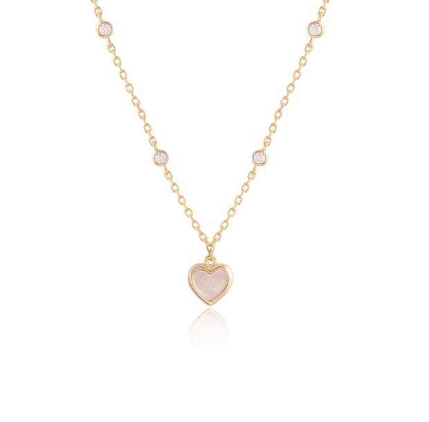 Petite Mother of Pearl Heart Diamond by the Yard Necklace in Yellow Gold
