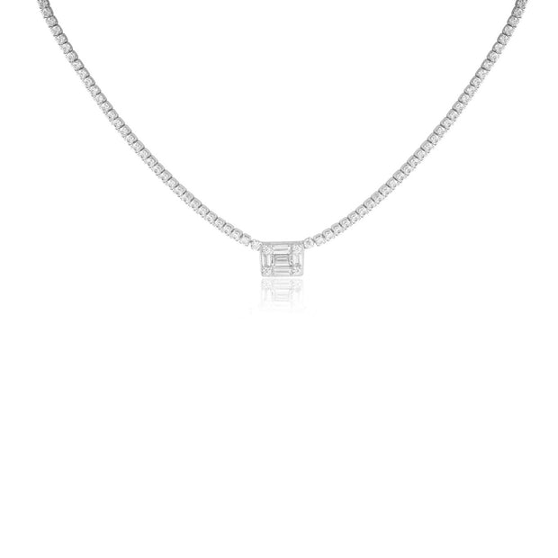 CZ Strip Tennis Baguette Rectangle Necklace in White Gold