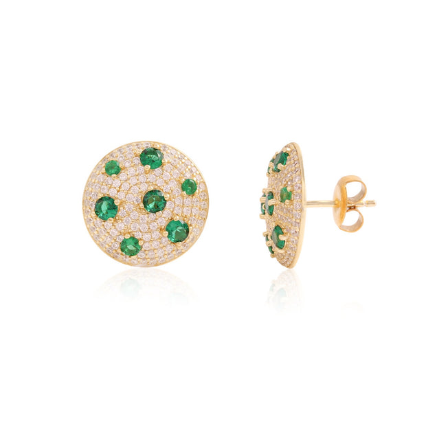 Pave Embossed  Scattered Emerald Round Studs in Yellow Gold