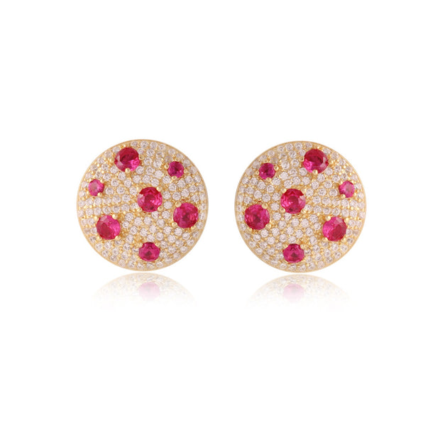 Pave Embossed Scattered Ruby Round Studs in Yellow Gold