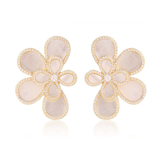Statement Half Mother of Pearl & CZ Layered Floral Studs