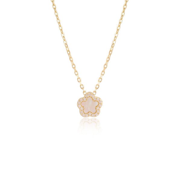 Mini Mother of Pearl CZ Clover Pendant in Yellow Gold