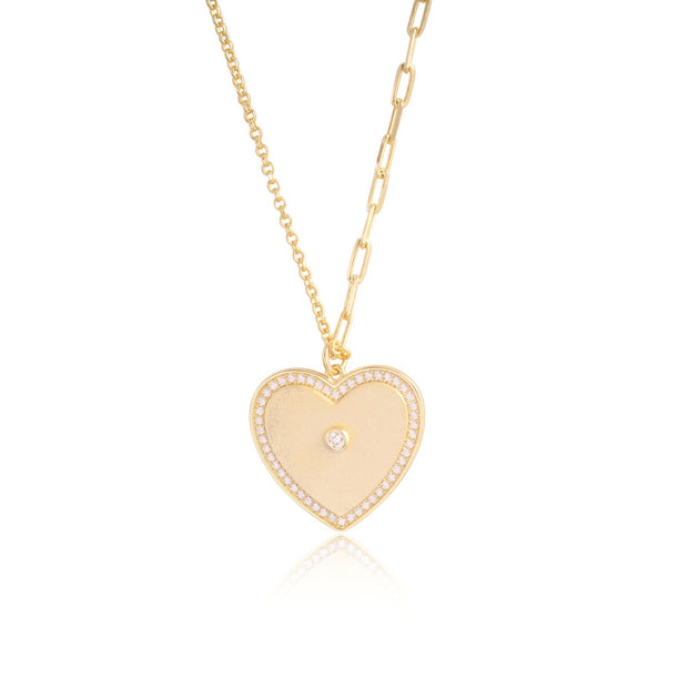 Matted CZ Outline Heart on Half n Half Chain in  Yellow Gold