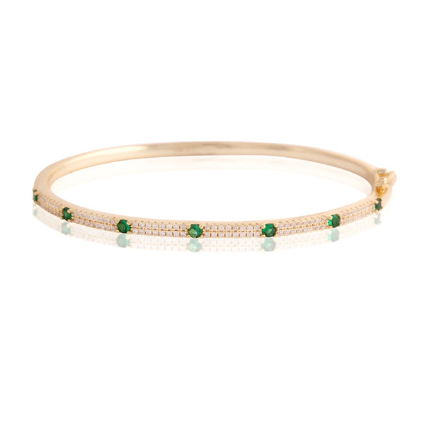 CZ Pave & Emerald Thin Stacking Bangles in Yellow Gold