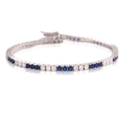 Three Intervals Sapphire & CZ Tennis Bracelet in White Gold