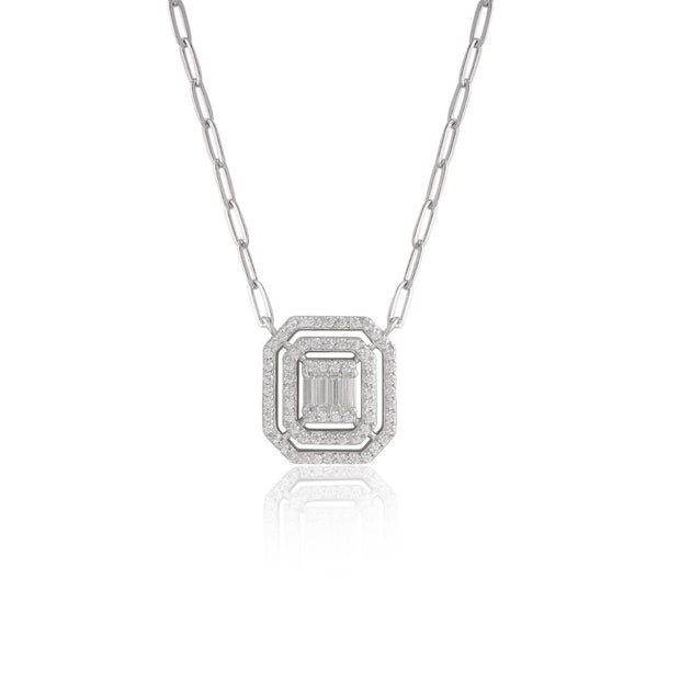 Baguette & CZ Rectangle Pendant Paperclip Chain Necklace in White Gold