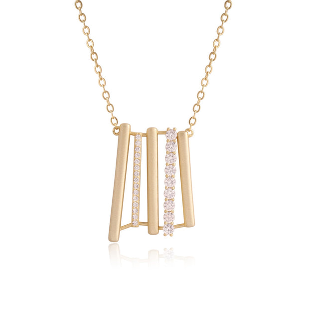 Brushed & CZ Linear Square Pendant in Yellow Gold