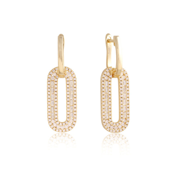 Oval CZ & Baguette on Hoop Earrings in Yellow Gold