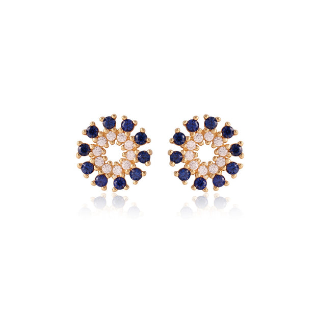 Blue & CZ Small Burst Studs in Yellow Gold