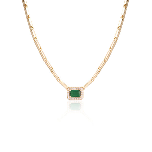 Petite Emerald Halo Solitaire on Gold Bar Chain