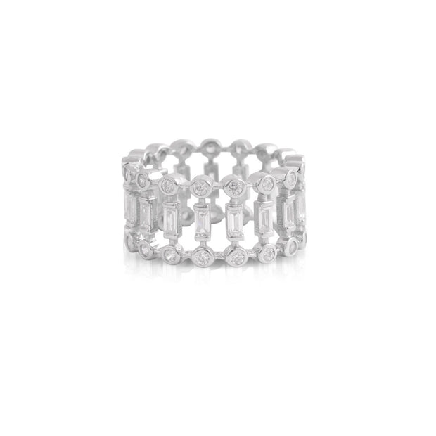 Baguette & CZ Open Design Thick Band Ring in White Gold