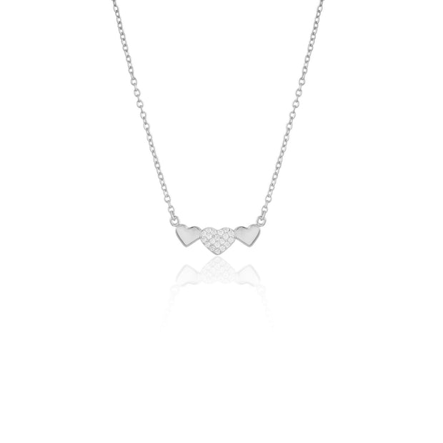 Triple Polished & CZ Mini Hearts Necklace in White Gold
