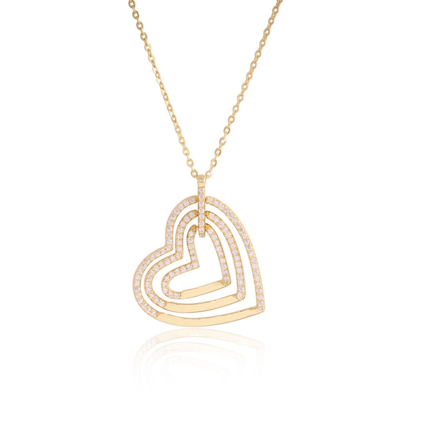 Triple Open CZ Heart Necklace in Yellow Gold