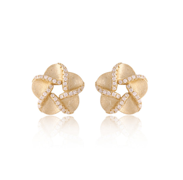 Brushed Flower CZ Outline Studs in Yellow Gold