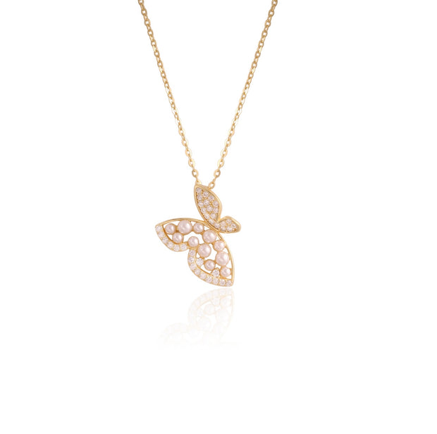 Mini Pearls & Pave Butterfly Pendant in Yellow Gold