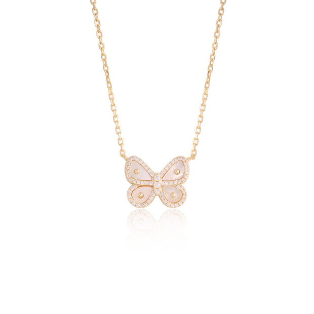 MOP & CZ Designed Butterfly Pendant in Yellow Gold