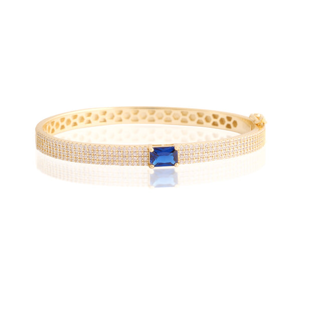 CZ Pave & Sapphire Rectangle Center Bangle in Yellow Gold