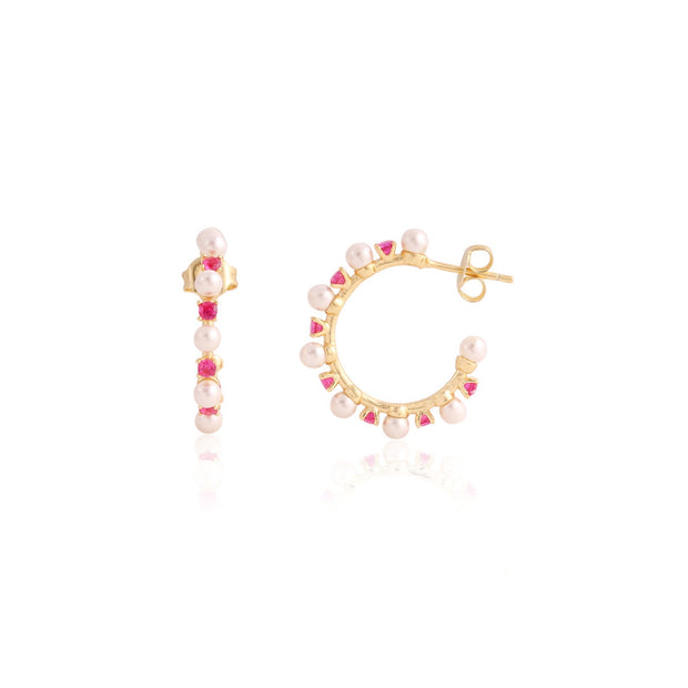 Pearl & Ruby Small Round Hoops in Yellow Gold