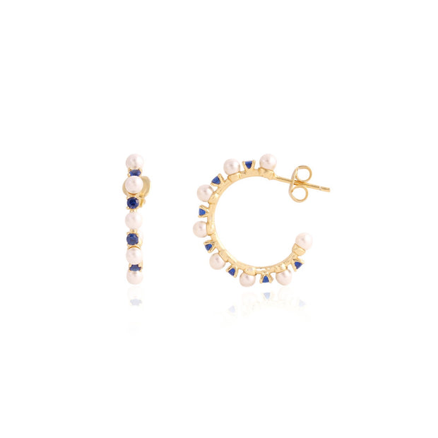 Pearl & Sapphire Small Round Hoops in Yellow Gold