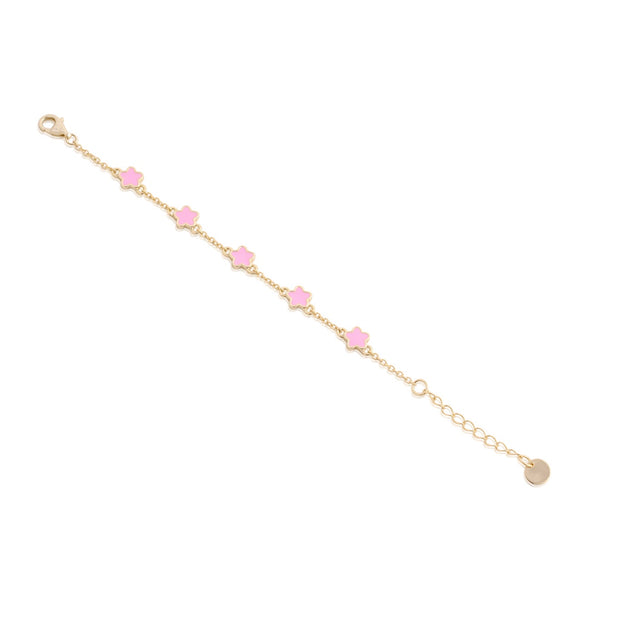 Mini Pink Enamel Flowers Station Bracelet in Yellow Gold