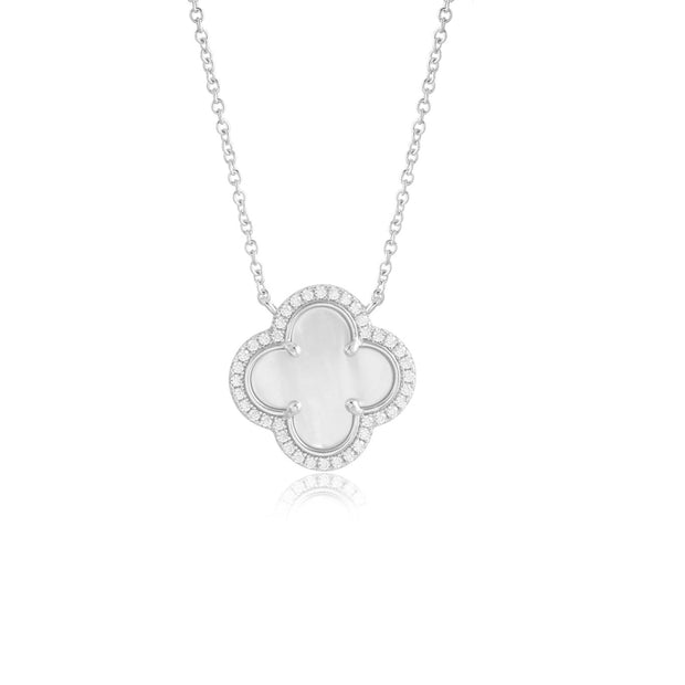Large Mother of Pearl Bezel & CZ Border Clover Necklace in White Gold