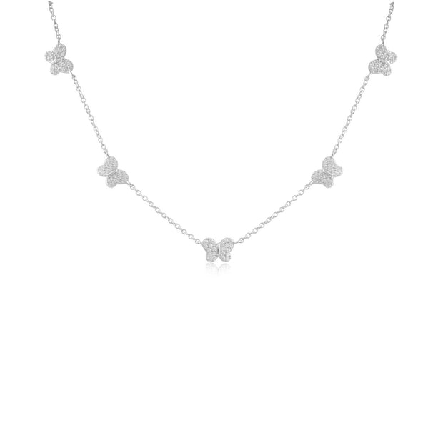 CZ Pave Butterfly Stationed Necklace in White Gold