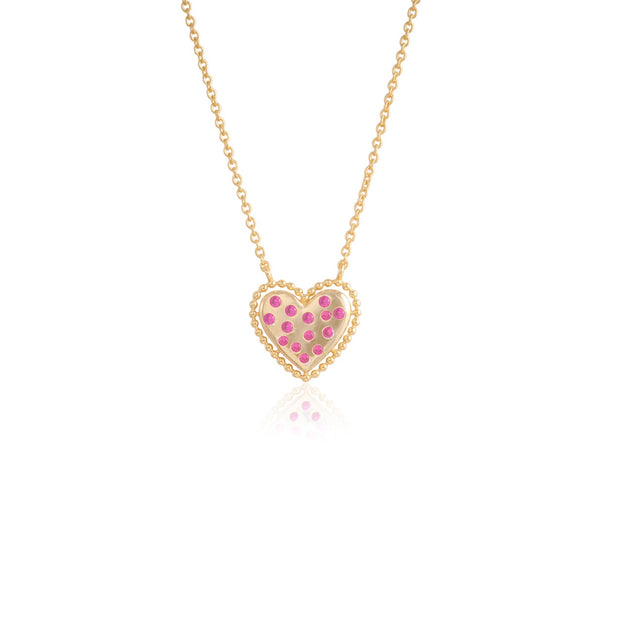 Scattered Ruby & Beaded Border Polished Heart Necklace