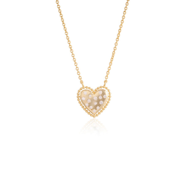 Scattered CZ & Beaded Border Polished Heart Necklace