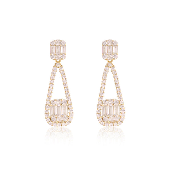 Rectangle Baguettes & CZ Drop Earrings in Yellow Gold