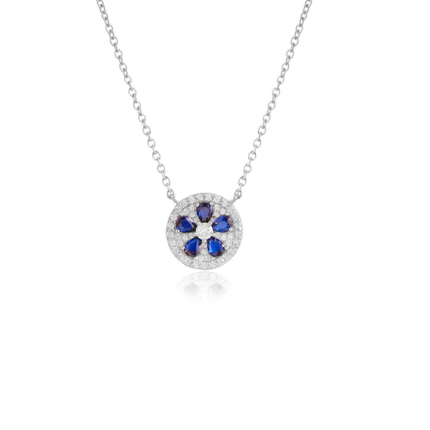 Sapphire Flower in Pave Circle Pendant in White Gold