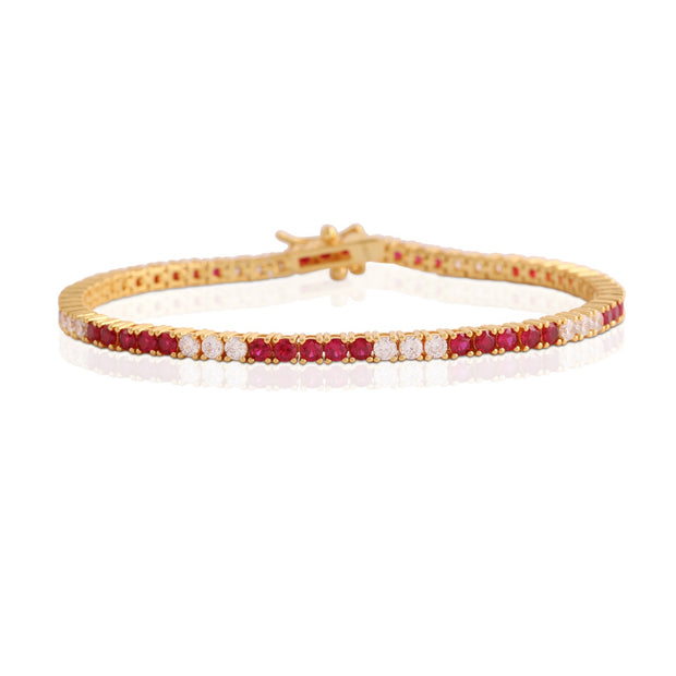 Five to Three CZ & Ruby Tennis Bracelet in Yellow Gold