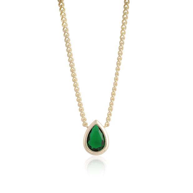 Bezel Emerald Teardrop on Thin Cuban Link Necklace