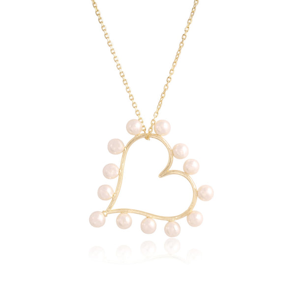 Gold & Pearl Large Open Heart Pendant Necklace in Yellow Gold