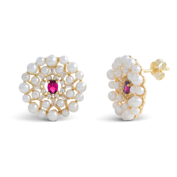 Mini Pearl & Ruby Center Round Studs in Yellow Gold
