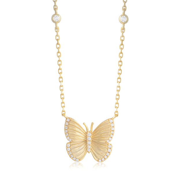 Ribbed & CZ Small Butterfly Pendant in Yellow Gold