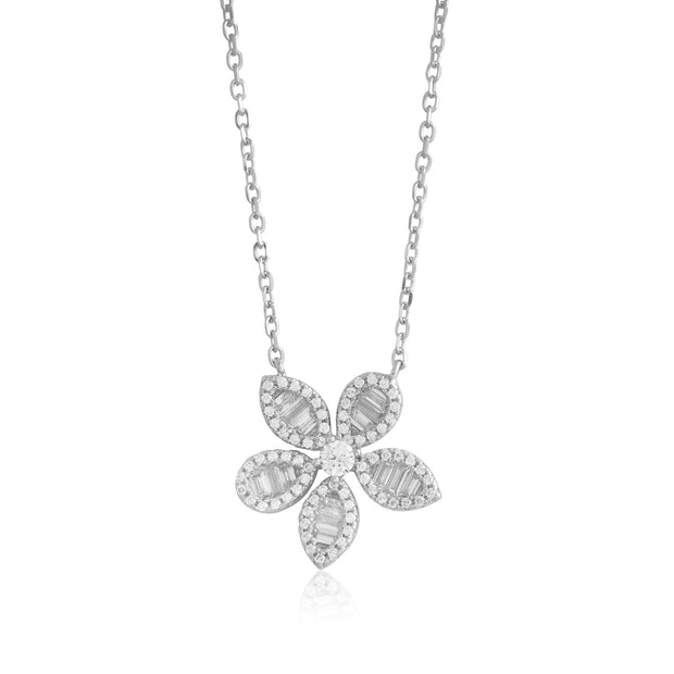 Baguette & CZ Pointy Flower Pendant in White Gold