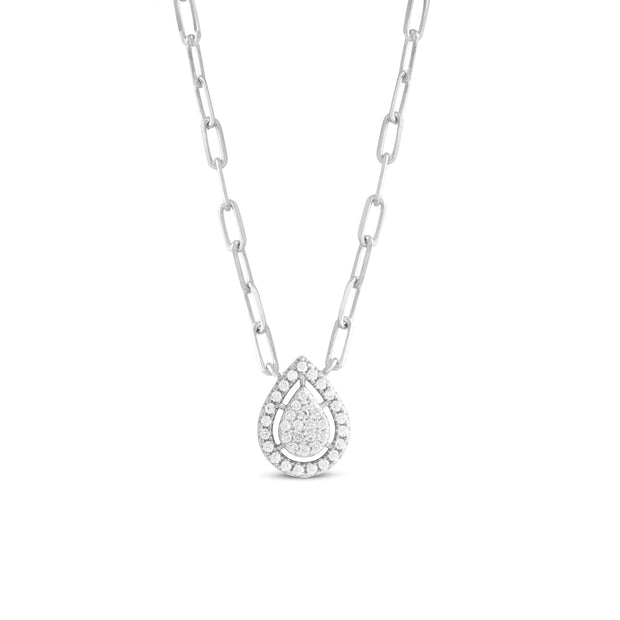 Paperclip Pave Halo Teardrop Pendant in White Gold